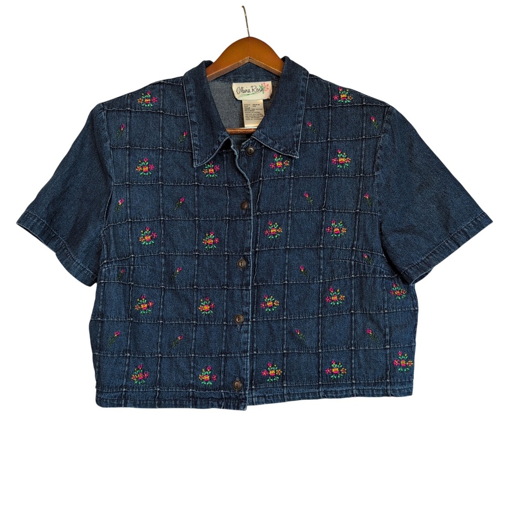 Olivia Rose 16M Vintage 90s Embroidered Floral Denim Crop Top Short Sleeve